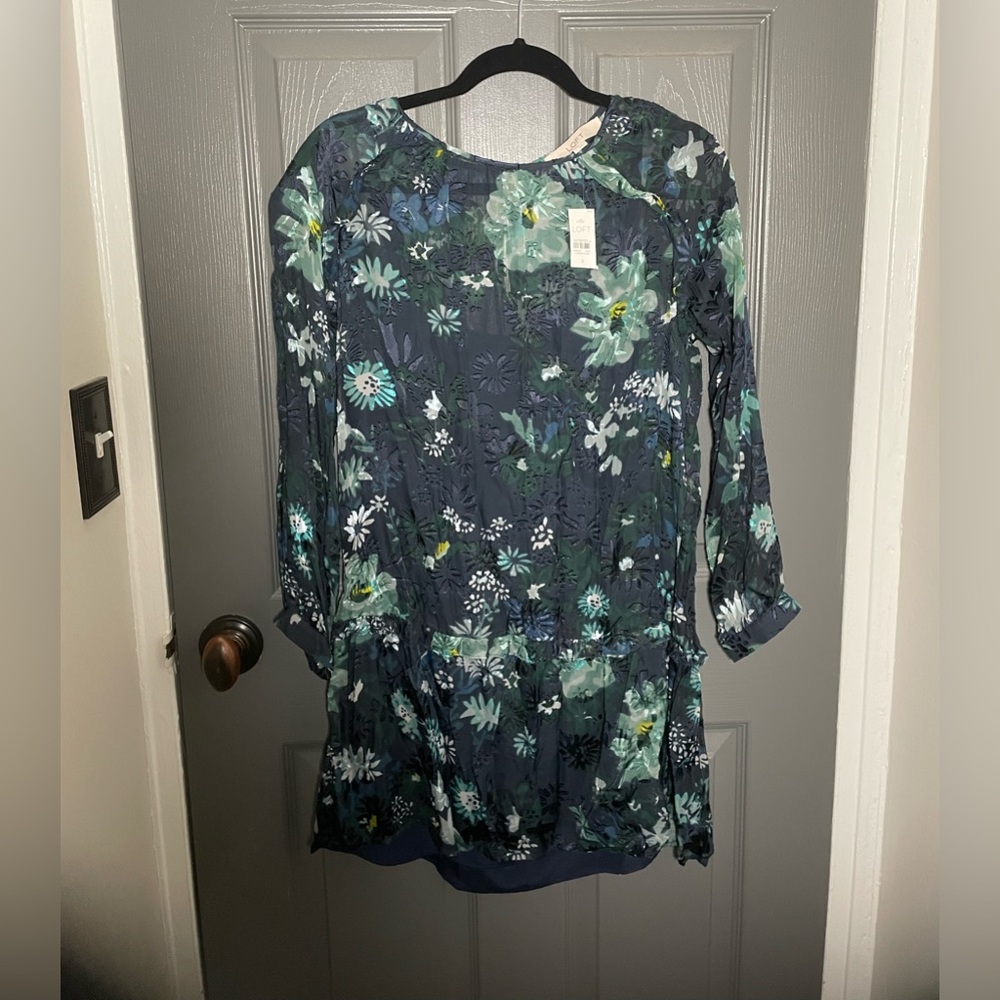 NWT LOFT Never Worn Navy Floral, Feminine Long Sleeve Dress w/ Lining (Sheer) Sm